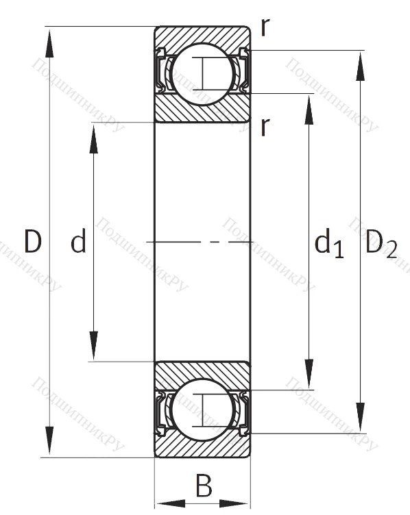 Однорядный шариковый подшипник 62309 2RSR